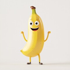 Cheerful Banana Cartoon Character with Arms Up White Background