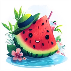 Smiling Watermelon with Hat Summer Tropical Fruit Illustration