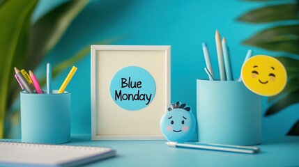 Blue Monday cartoon illustration with sad face,generated with AI.