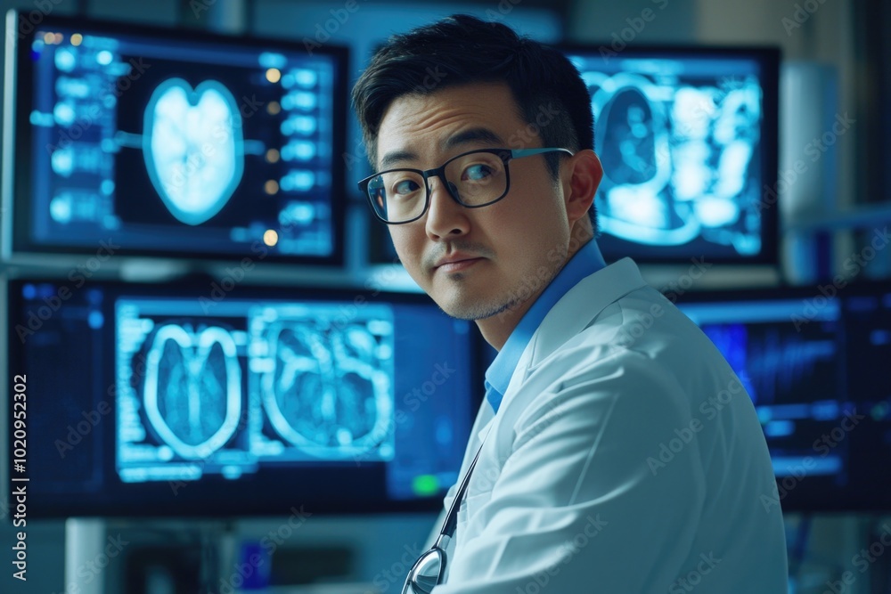Poster a scientist sits in front of multiple monitors, focused on his work