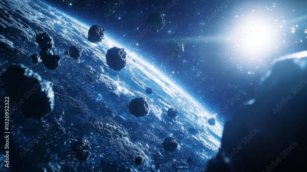 Wall mural asteroids floating in space, with a distant planet in the background