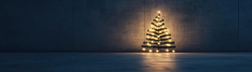 Christmas tree adorned with lights in a minimalist setting, creating a cozy holiday atmosphere.