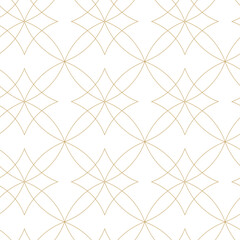 Abstract geometric pattern with crosses, stripes, lines. Seamless vector background. White and gold ornament. Modern reticulated graphic design.
