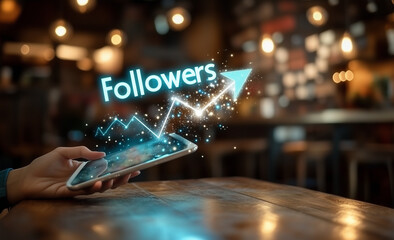 夜のカフェの中で手で持ったスマホから飛び出る青いフォロワーの文字と矢印