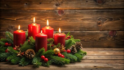Red Candles Adorned with Evergreen and Pine Cones on Rustic Wood