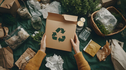 A person packaging items using eco-friendly materials like recycled paper, reusable containers, and glass jars