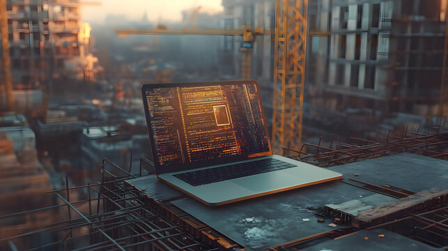Laptop with Code on Screen in Construction Site - 3D Illustration