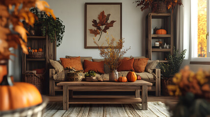 Rustic Elegance: A Beautifully Arranged Autumn Living Room Filled with Seasonal Charm