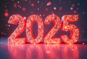 Glowing numbers 2025 crafted from shimmering pink lights, creating a magical and festive atmosphere for celebrating the new year