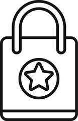 Simple black and white icon of a shopping bag featuring a star logo, representing premium quality products and exclusive shopping experiences