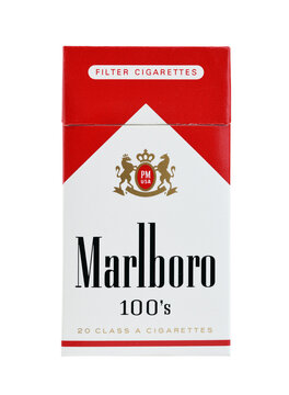 Marlboro cigarettes produced by Philip Morris. Marlboro is the best-selling cigarette brand in the world. Marlboro Red 100s.