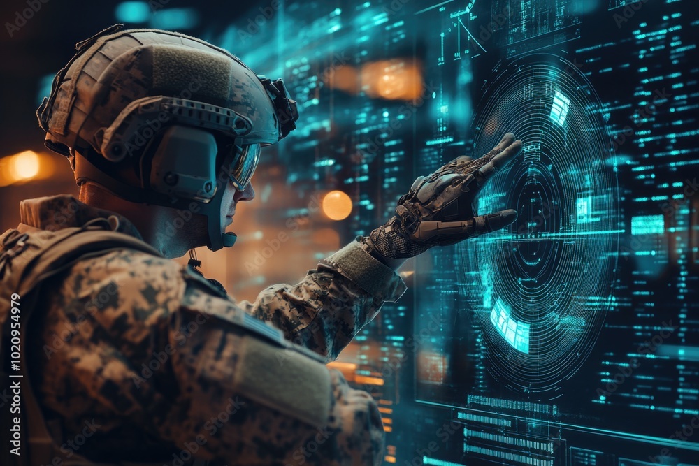 Poster a military officer sitting in front of a computer, reviewing data or information