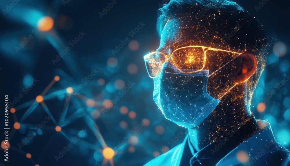 Poster a person wearing a face mask with network lines