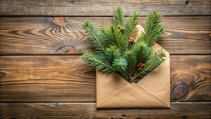 A Simple Christmas Envelope with Fir Branches on Rustic Wooden Background