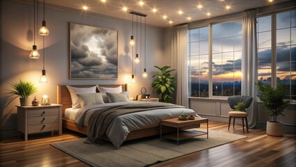 Fototapeta premium Cozy bedroom with warm lighting on a cloudy evening , lofi, bedroom, cozy, warm, lighting, clouds, evening, peaceful