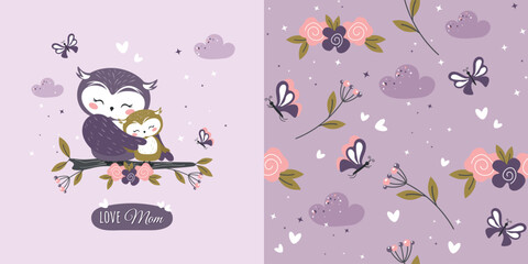 A delicate background with a cute owl and her baby and a seamless hand-drawn floral pattern. Vector design for baby bedding, fabric, wallpaper, wrapping paper and more.