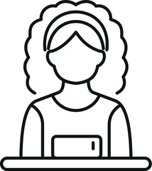 Line icon of a young woman cashier waiting at the cash desk holding a pos terminal