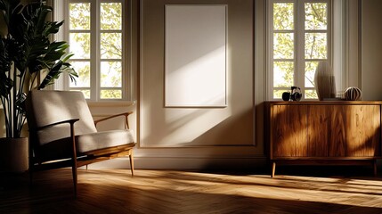 A living room interior features an empty white poster on the wall for customizable decor..