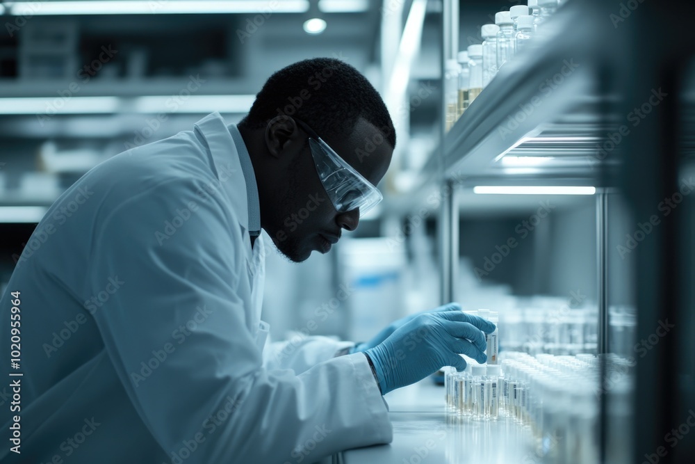 Aufkleber a scientist in a lab coat and goggles examines various vials, possibly conducting research or testin