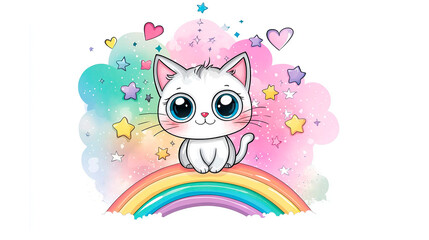 Fototapeta premium Cute cat rainbow lover, funny kitten for child, holiday.