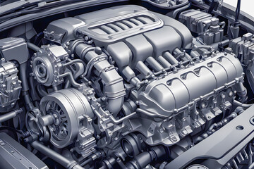 illustration of Engine of a modern car, closeup on detail parts.	