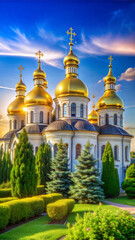 Orthodox cathedral with golden domes surrounded by greenery