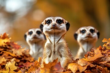 Fototapeta premium Three meerkats in colorful autumn leaves, curious expressions, nature's beauty.
