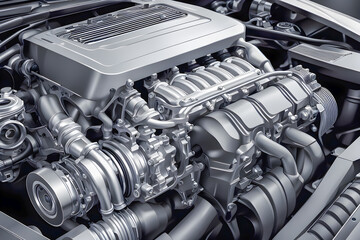 illustration of Engine of a modern car, closeup on detail parts.	