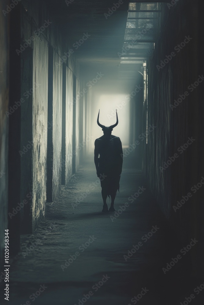 Poster a bull stands in a dimly lit hallway with a faint light at the end