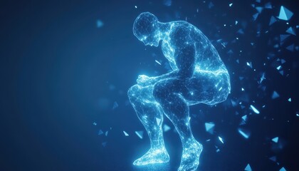 A Wireframe Human Figure with Blue Glowing Lines on a Dark Blue Background