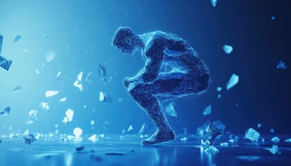 Fototapeta premium A Wireframe Human Figure Stands on a Blue Surface with Falling Geometric Shapes