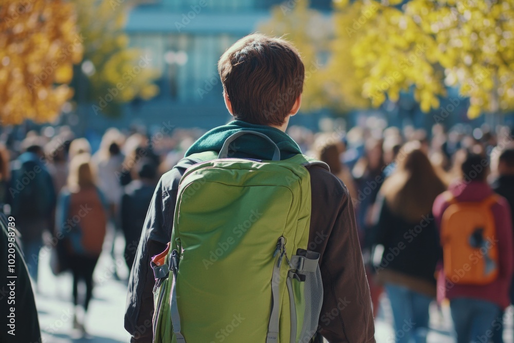 Poster A person carrying a backpack walks down a busy city street