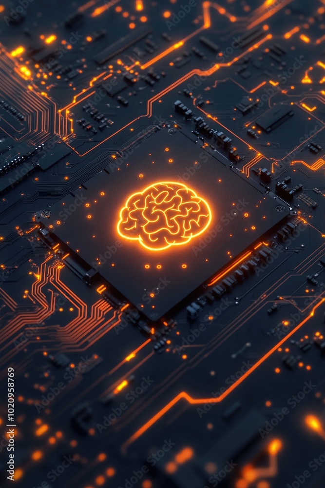 Poster a futuristic electronic component with a bright, pulsing brain chip