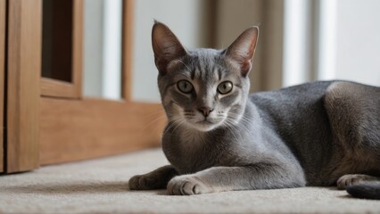 Blue abyssinian cat laying on the floor indoor