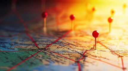 Location pin marking on a map with routes, symbolizing adventure, discovery, and navigation..