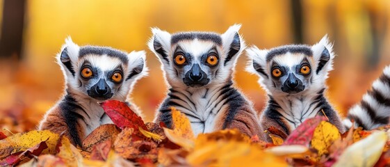 Fototapeta premium Three lemurs sitting among colorful autumn leaves.