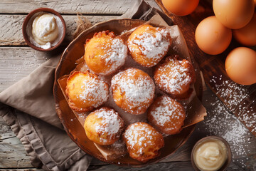Zeppola frittelle pastry consisting of deep-fried dough, top view