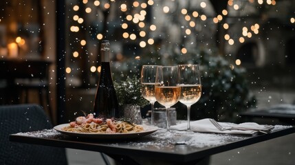 Two glasses of wine and a plate of food on a table