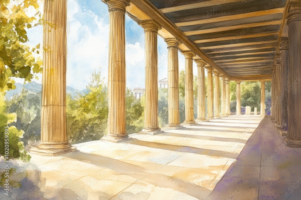 Poster Rows of columns with lush green trees behind