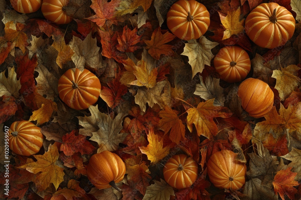 Canvas Prints A pile of pumpkins and autumn leaves scattered on the ground