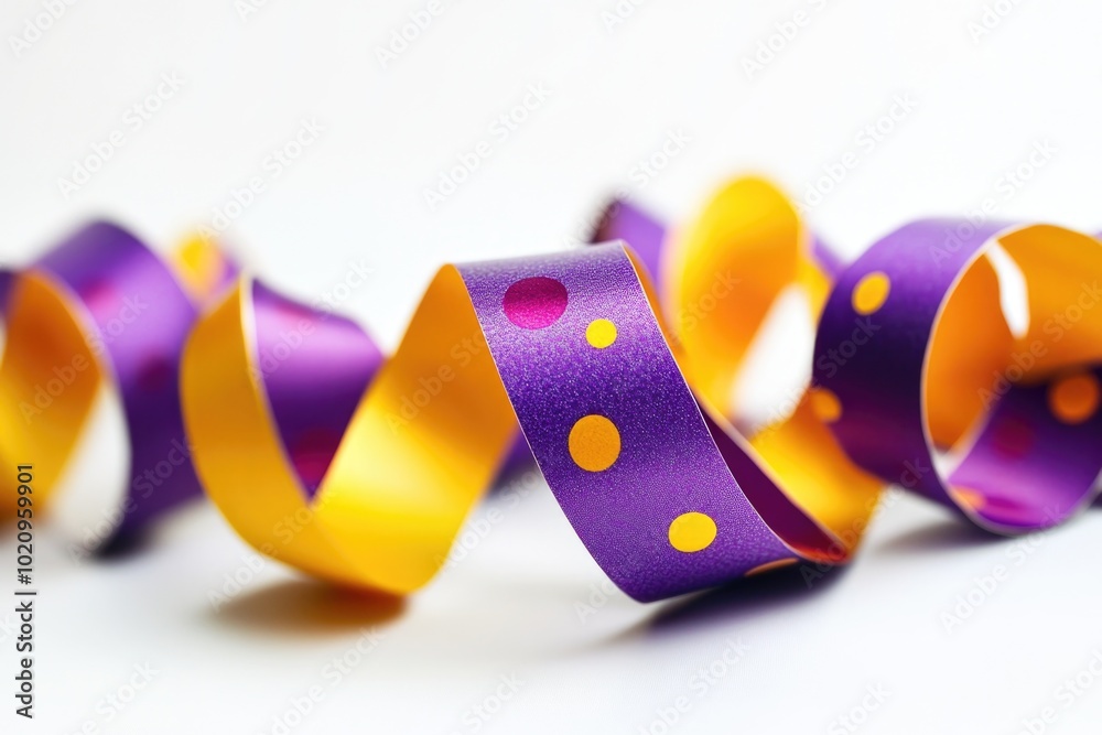 Poster a detailed view of a purple and yellow ribbon, suitable for use in crafts or as a decorative element