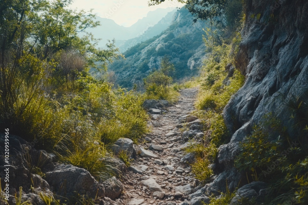Poster a winding path in a mountainous terrain with rugged rocks and greenery