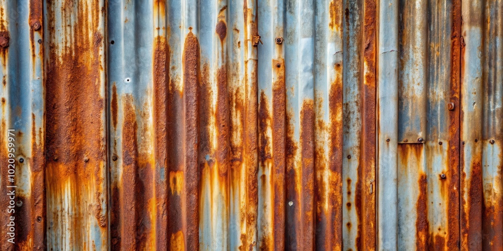 Aufkleber the rusted and weathered corrugated metal surface displays a striking pattern of oxidized iron