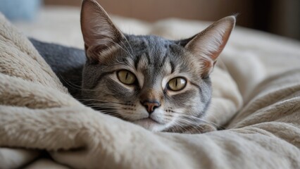 Blue abyssinian cat lying on bed in the bedroom