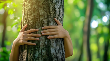 Nature lover hugging a trunk tree with green moss in tropical woods forest. Green natural background. Concept of people loving nature and protecting from deforestation or pollution or climate 