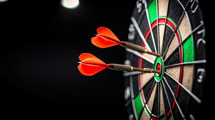 Two darts in the bullseye, set against a black background with ample copy space..