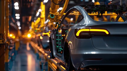 Fototapeta premium Car factory scene with robots assembling green electric vehicles on a pastel production line..