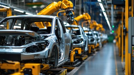 Car factory scene with robots assembling green electric vehicles on a pastel production line..