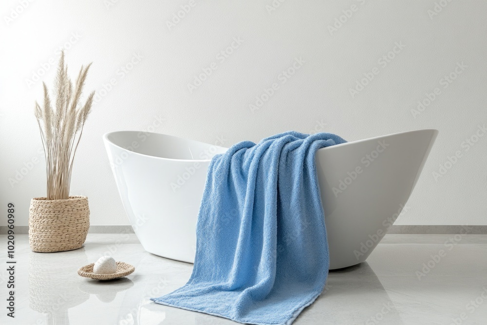Poster a clean and empty white bathtub with a blue towel draped over the side, ready for use