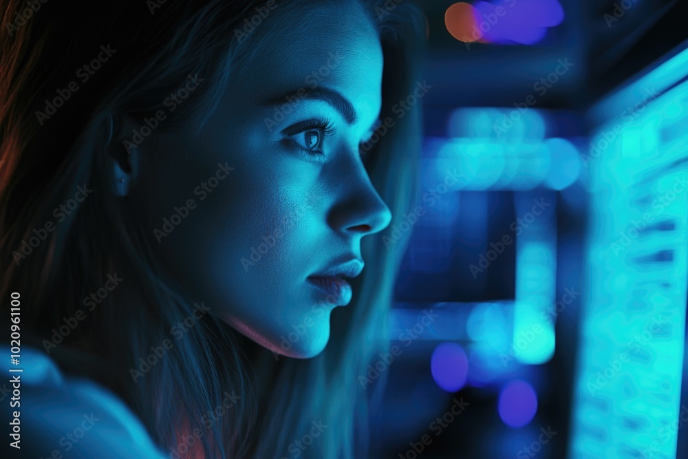 Poster a person sitting in front of a computer in a dimly lit room, focused on the screen